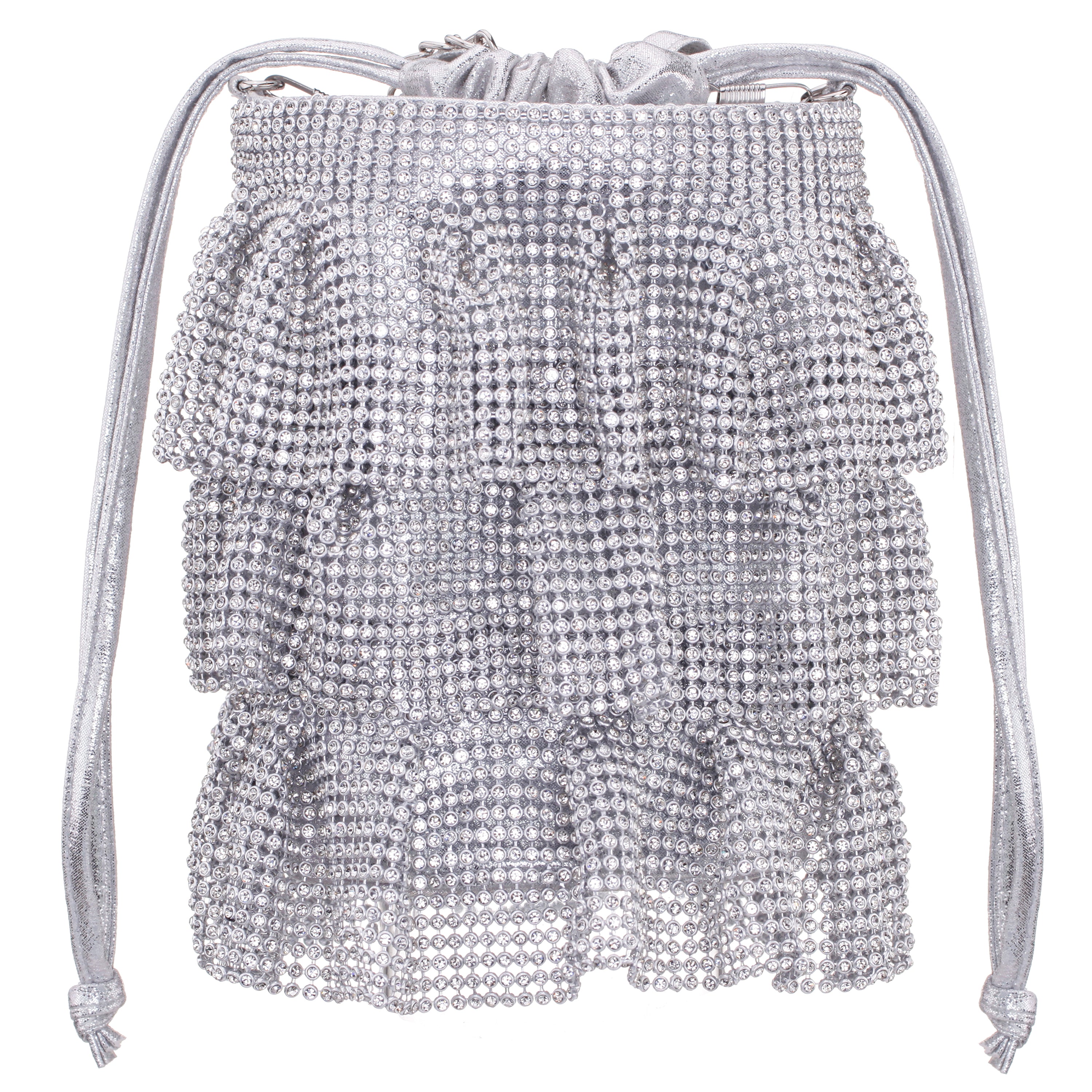 Womens Elegant Silver Tiered Crystal Mesh Pouch Bag