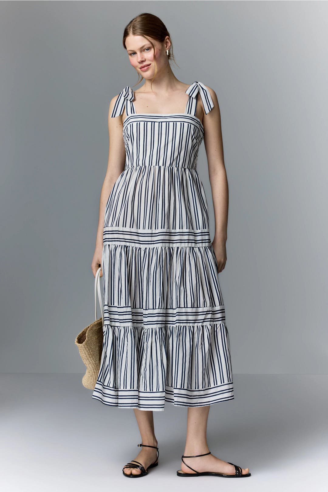 Ellen Tracy Tiered Shoulder Tie Dress Cream-blue-print