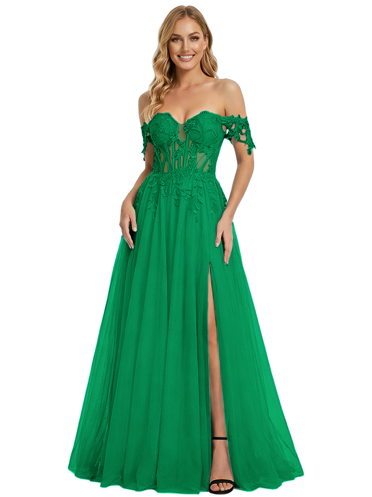 ChicSew Romantic Off Shoulder Dress Elegant Floral Lace Long A-Line Party Prom Gown Slit