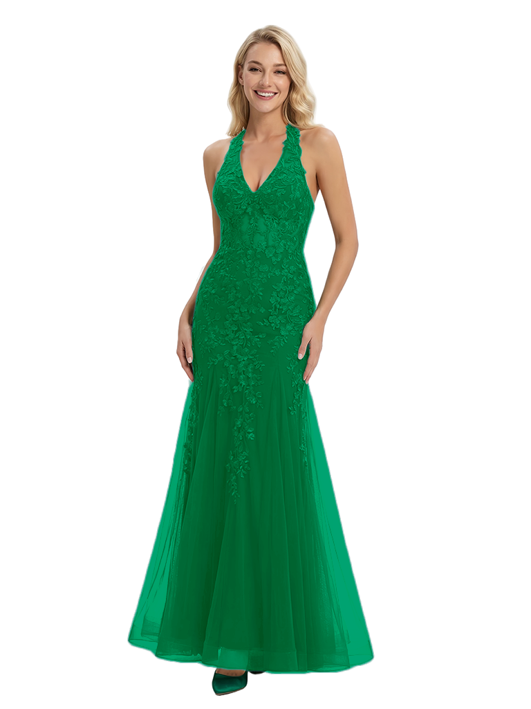 ChicSew Elegant Halter Lace Appliques Long Mermaid Party Tulle Prom Dress