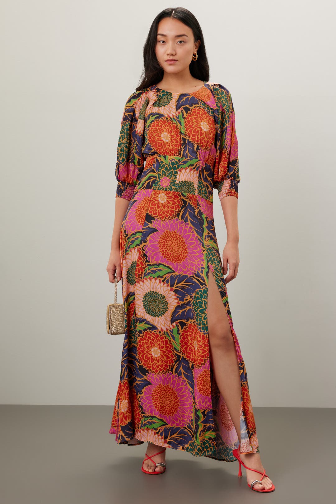 Farm Rio Puff Sleeve Maxi Dress Multicolored-pink-print