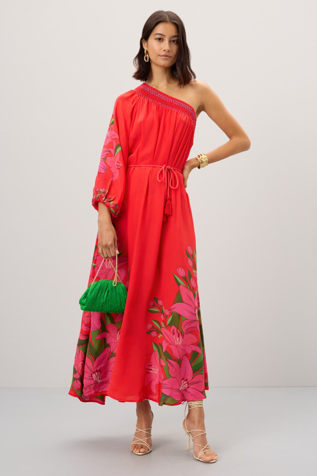 Farm Rio Summer Foliage Scarf Red Maxi Dress Red-multicolored-print