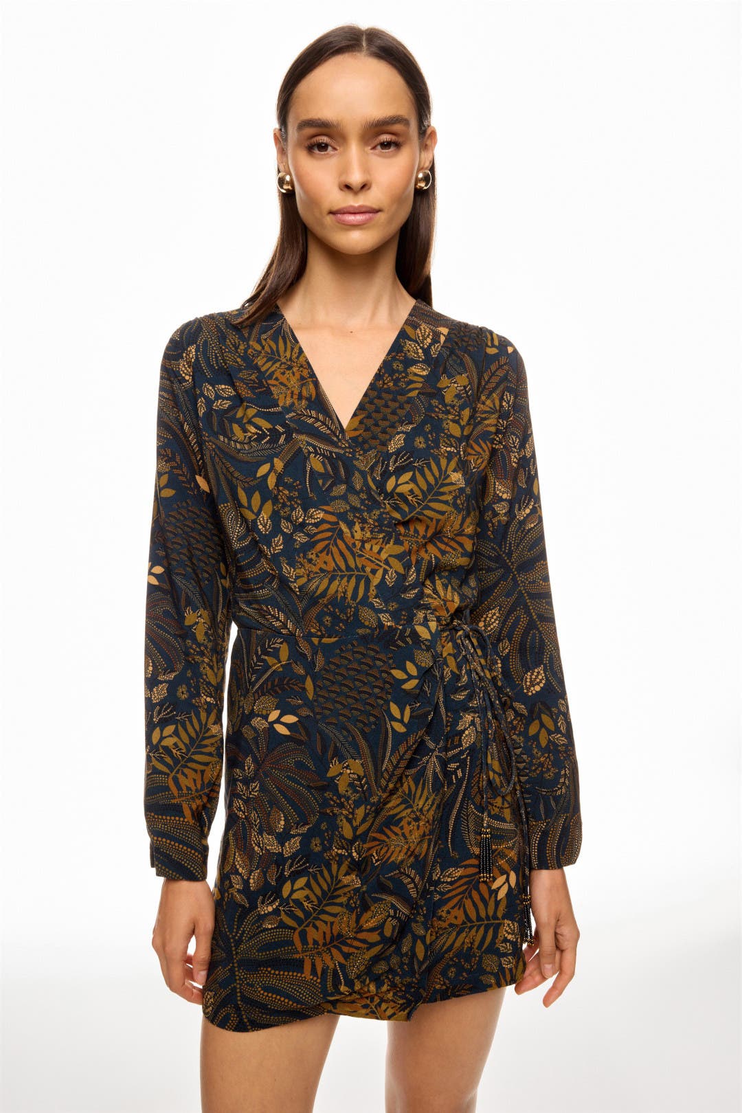Farm Rio Dotted Forest Teal Mini Wrap Dress Black-brown-print