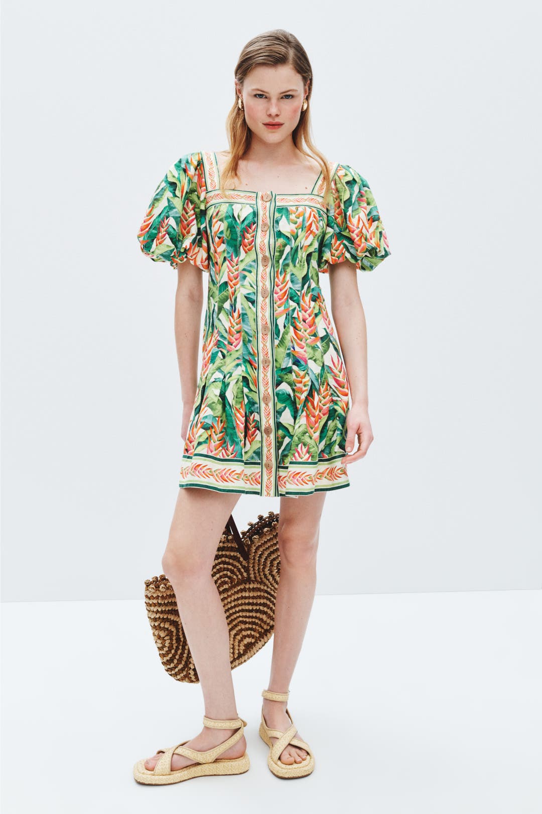 Farm Rio Heli Leaves Mini Dress Green-multicolored-print