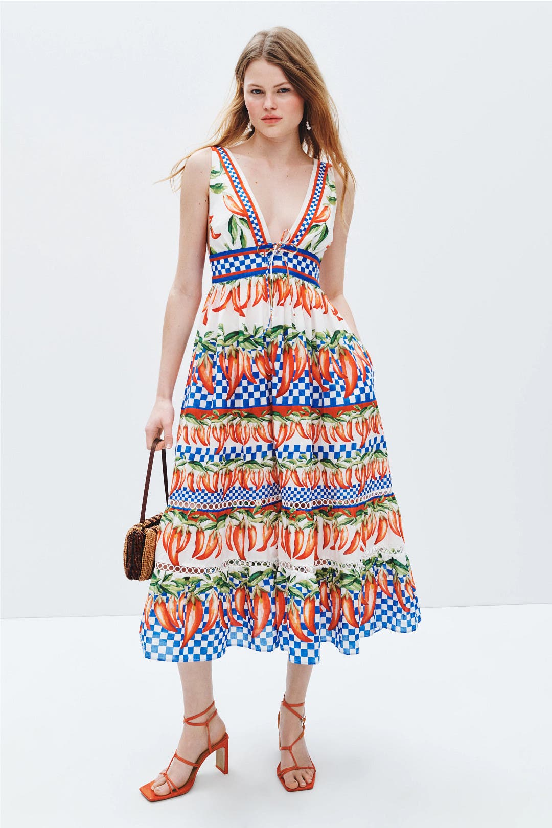 Farm Rio Picnic Peppers Ainika Midi Dress Cream-multicolored-print
