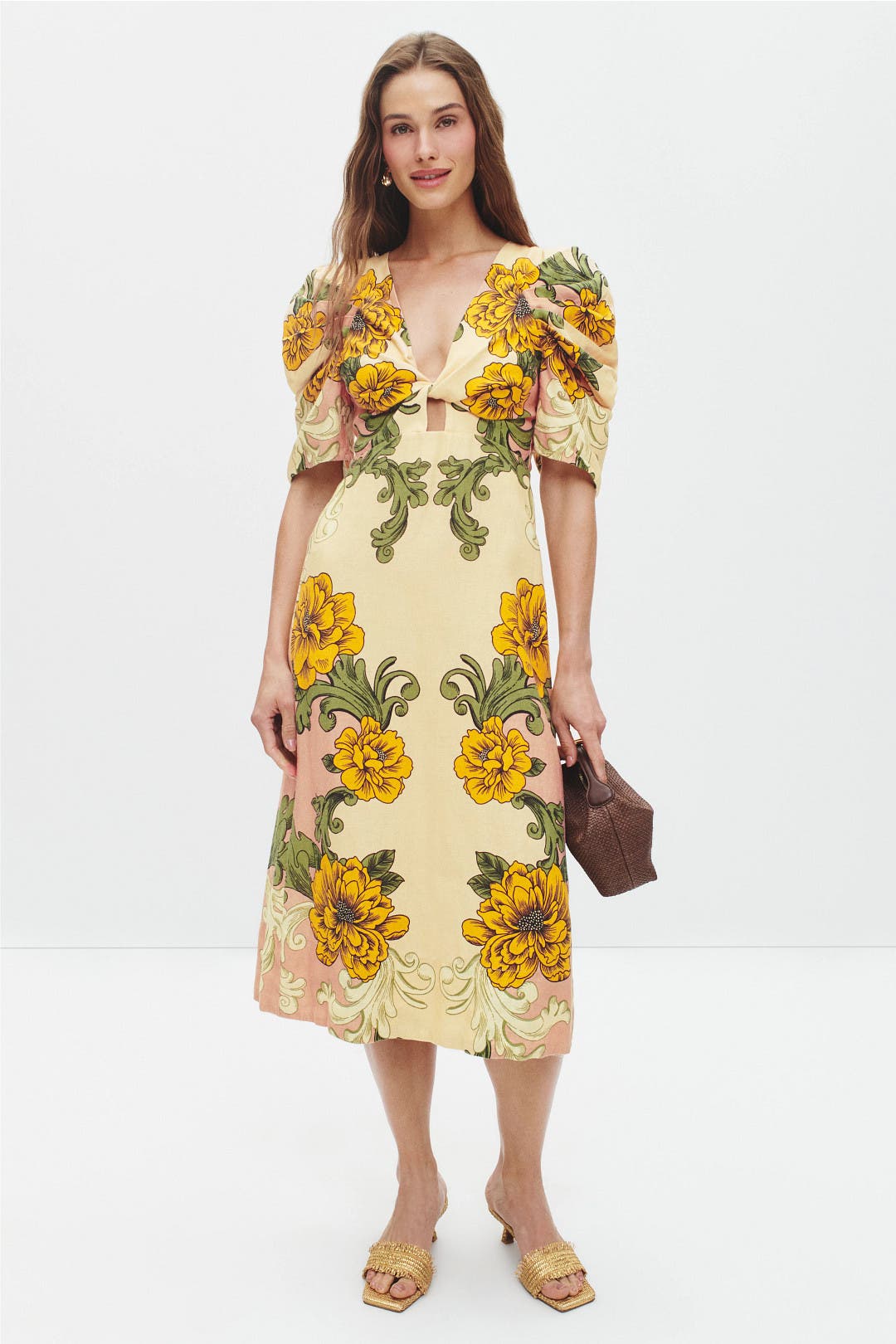 Farm Rio Delicate Flower Arabesques Midi Dress Yellow-multicolored-print
