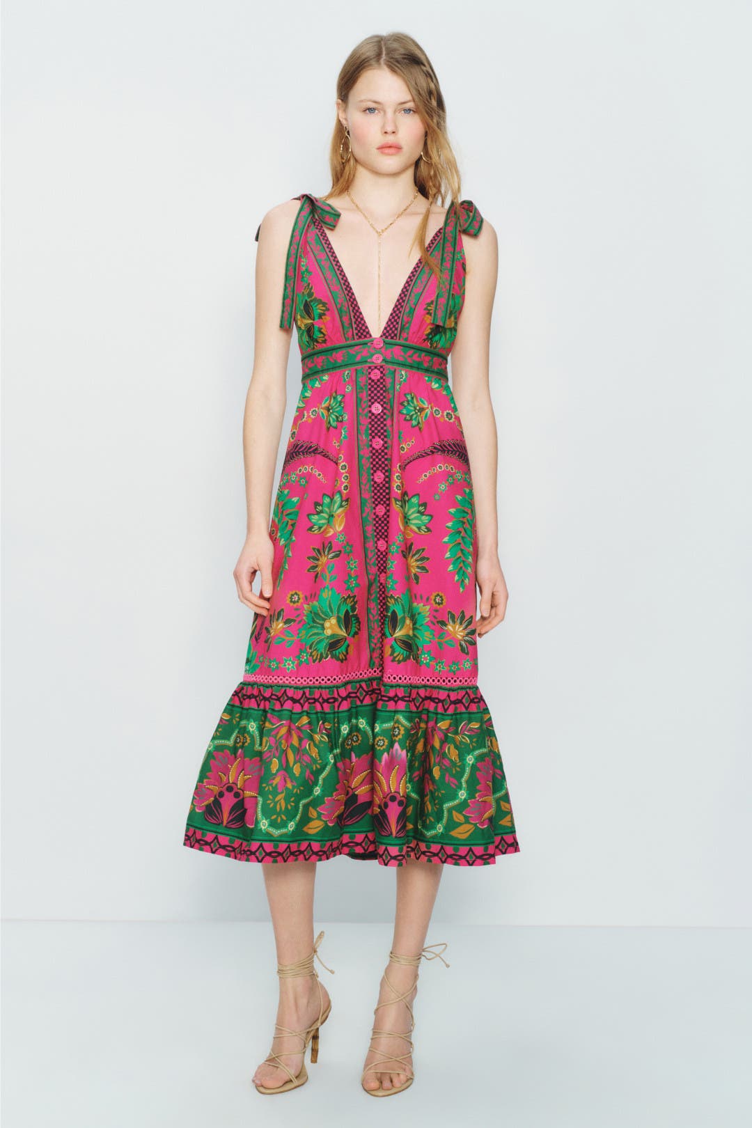 Farm Rio Ana Tapestry Pink Midi Dress Pink-green-print