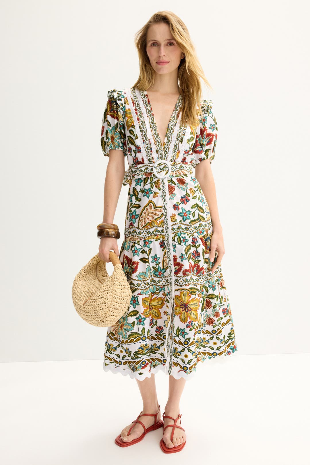 Farm Rio Botanicals Belted Midi Dress White-multicolored-print