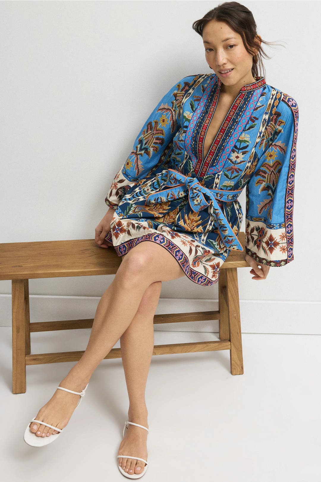 Farm Rio Embroidered Tapestry Mini Dress Multicolored-blue-print