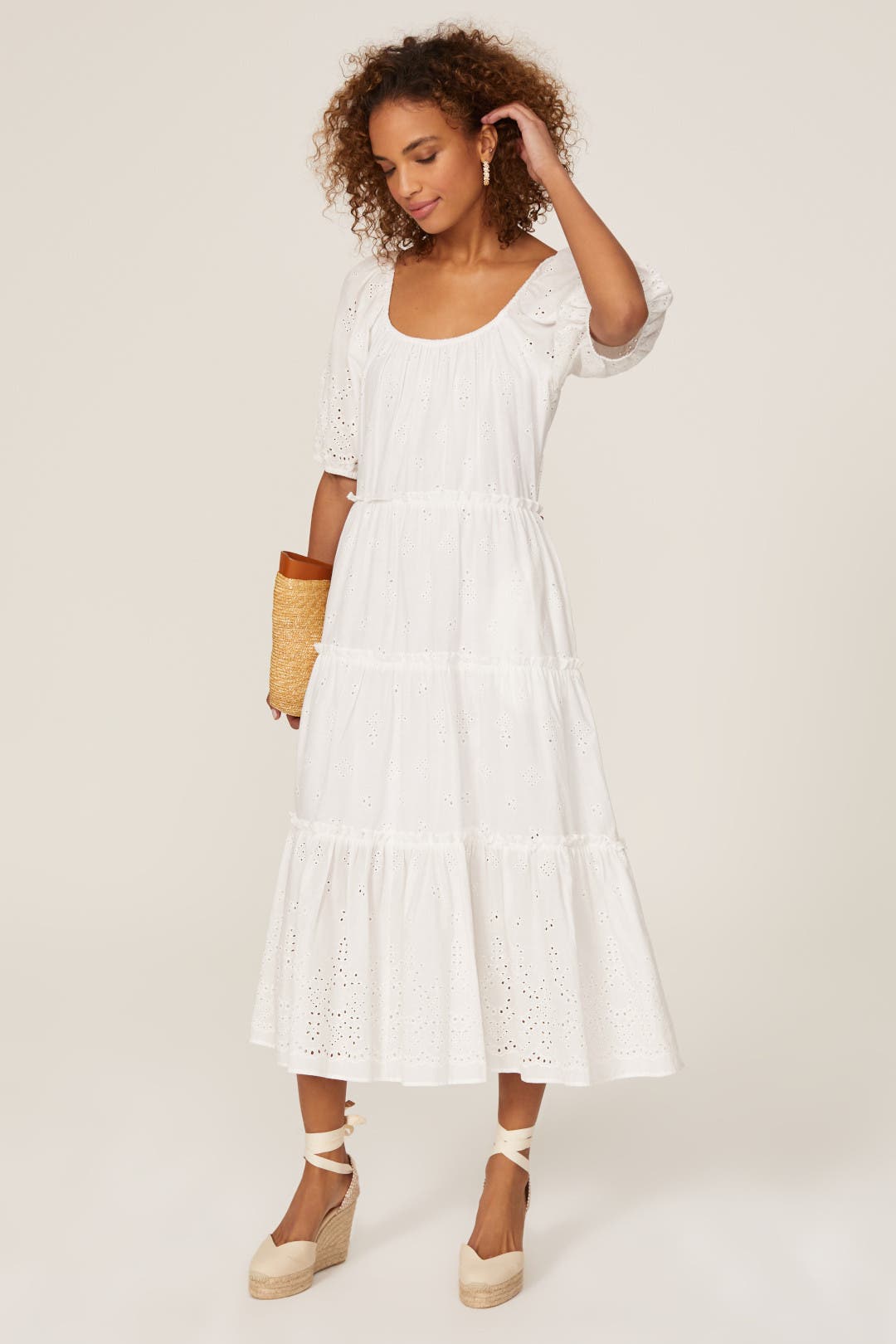 Fifteen Twenty Tiered Puff Sleeve Dress White