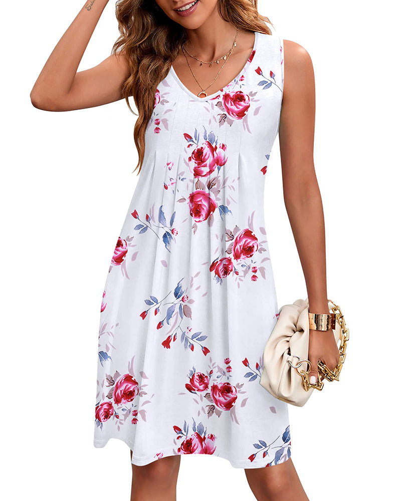 Women Summer Dresses Beach Floral Sleeveless Tshirt Sundress Pockets Casual Loose Flowy Tank Dress - Zeagoo- Floral White L-