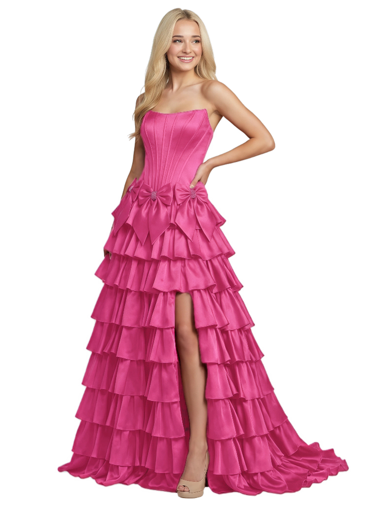 Unique Tiered Ruffled Skirt A-Line Satin Bow Knot Strapless Corset Prom Dress