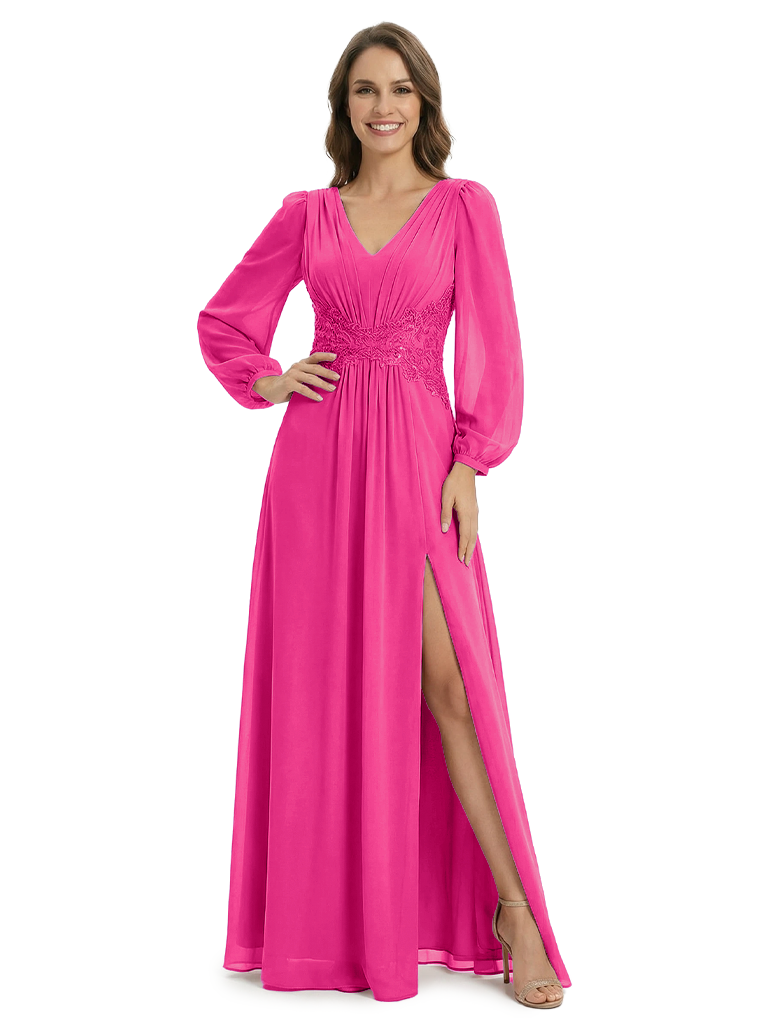 Classy V-Neck Mother of the Groom Dress Long Sleeve Chiffon Maxi Gown With Slit