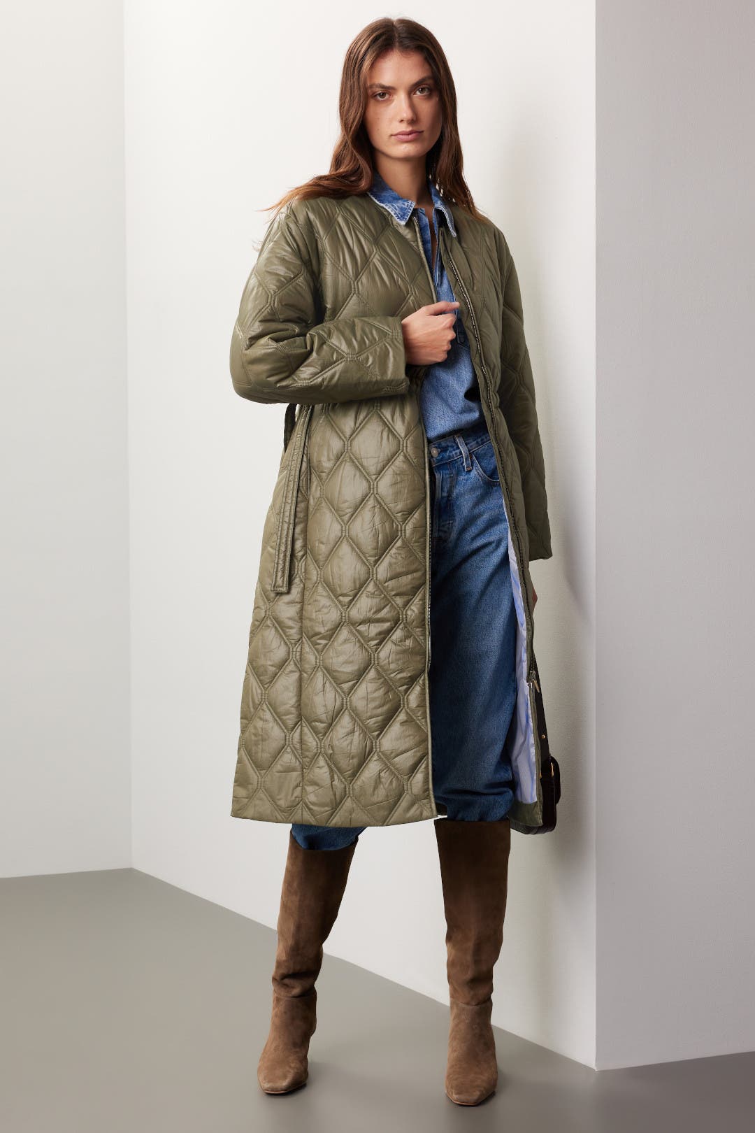 Ganni Shiny Quilted Coat Green