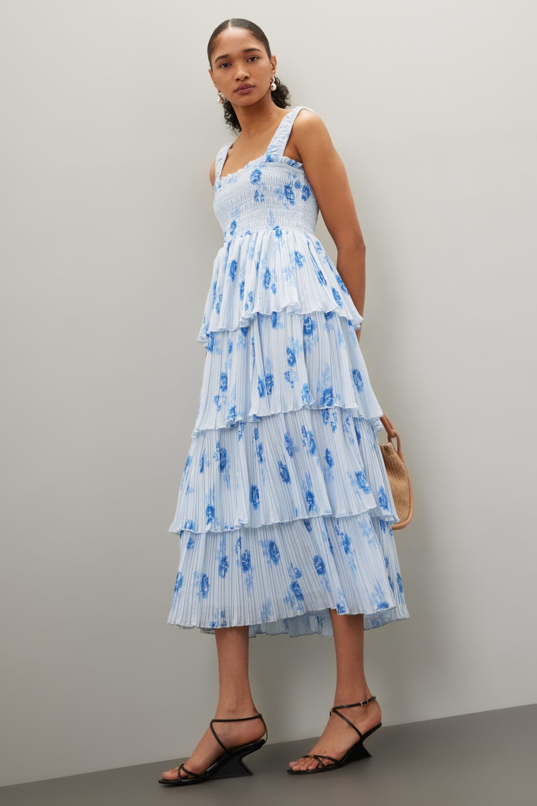 Ganni Pleated Georgette Smock Midi Dress Blue-print