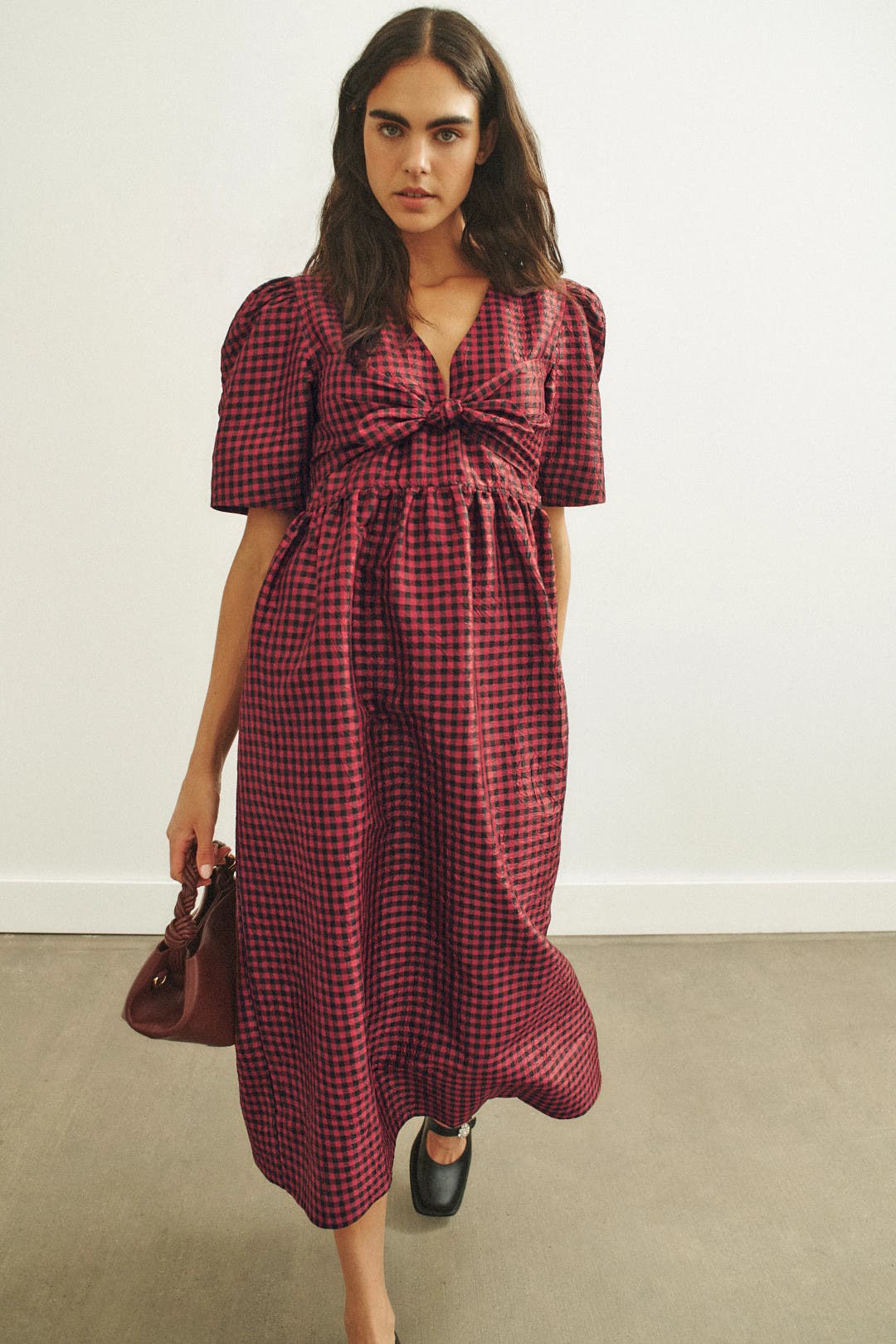 Ganni Tie Front Midi Dress Red-black-print