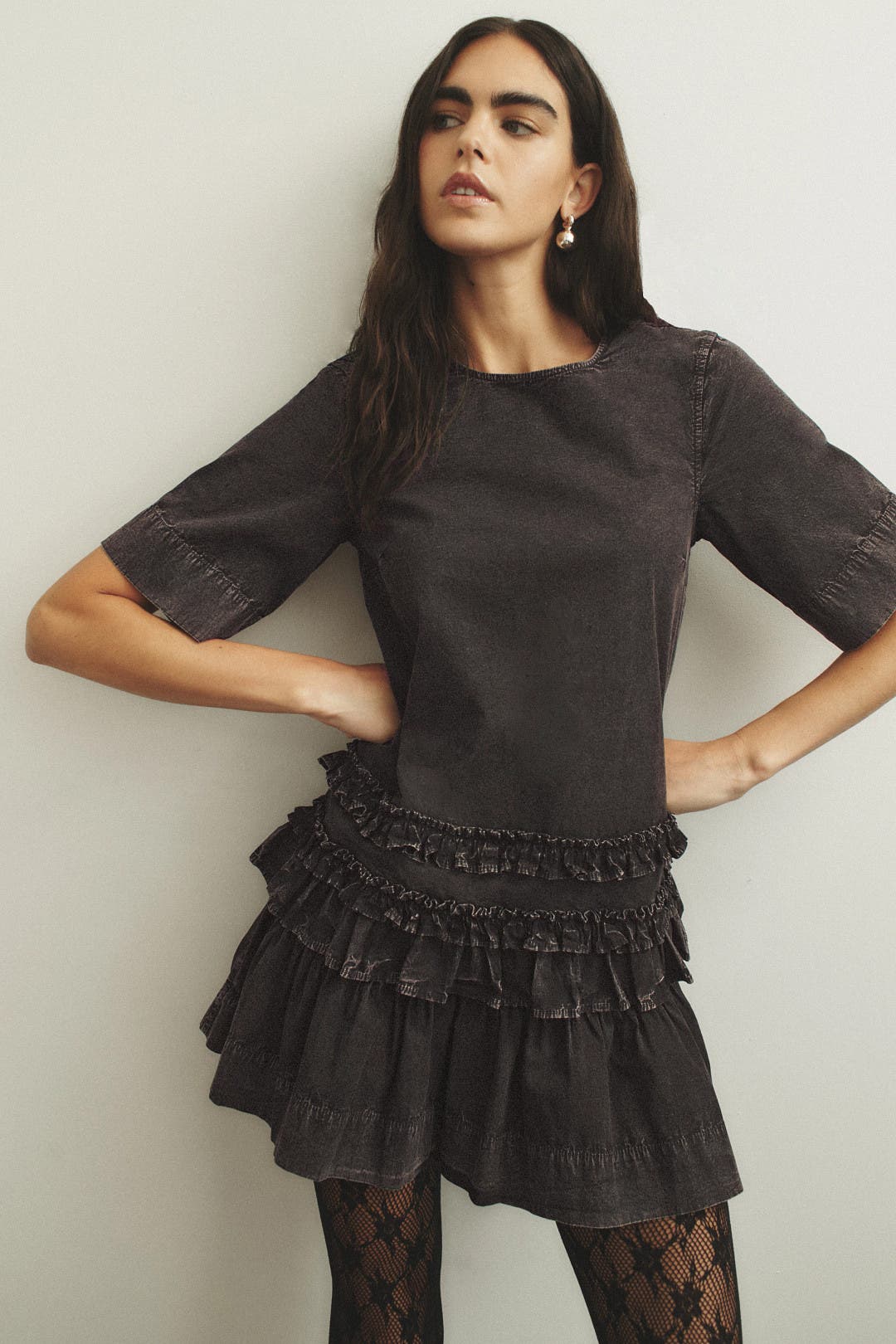 Ganni Ruffle Hem Mini Dress Grey