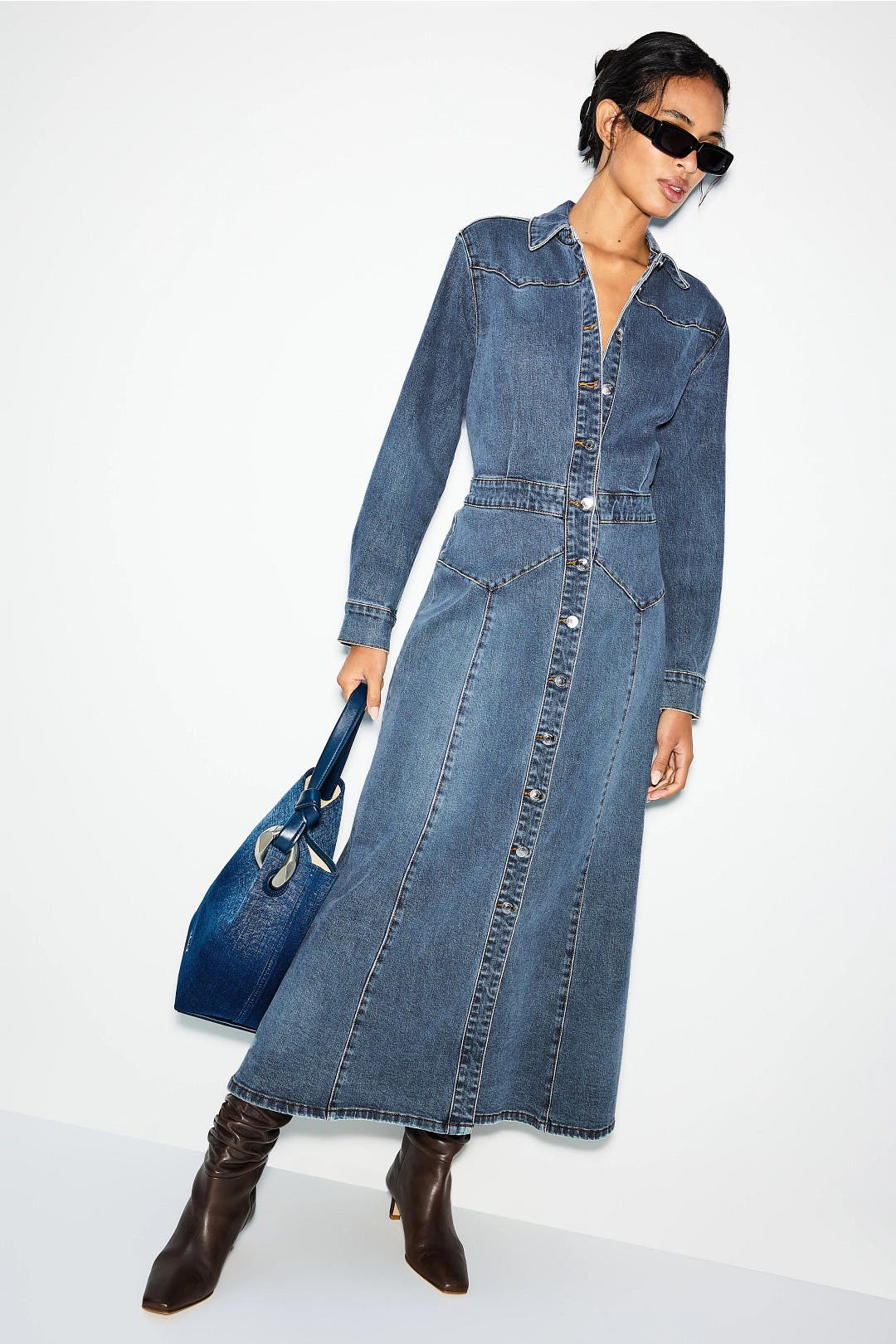Gestuz Denim Long Sleeve Midi Dress Blue