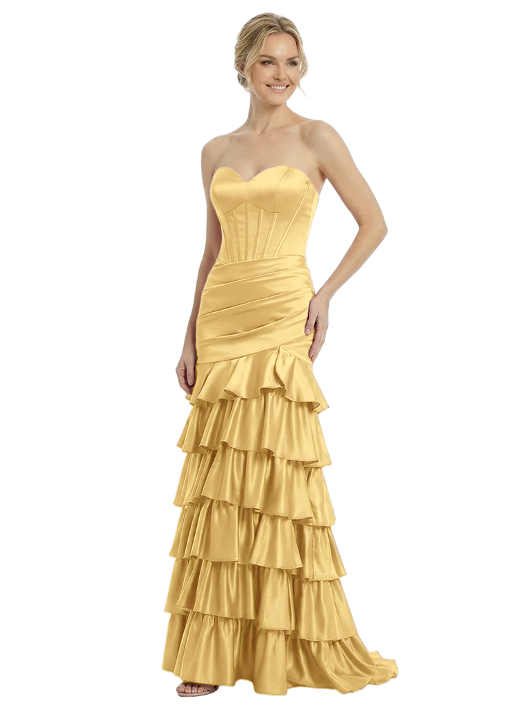 ChicSew Sexy Strapless Sweetheart Prom Dress Satin Tiered Ruffled Mermaid Corset Maxi Formal Evening Wear