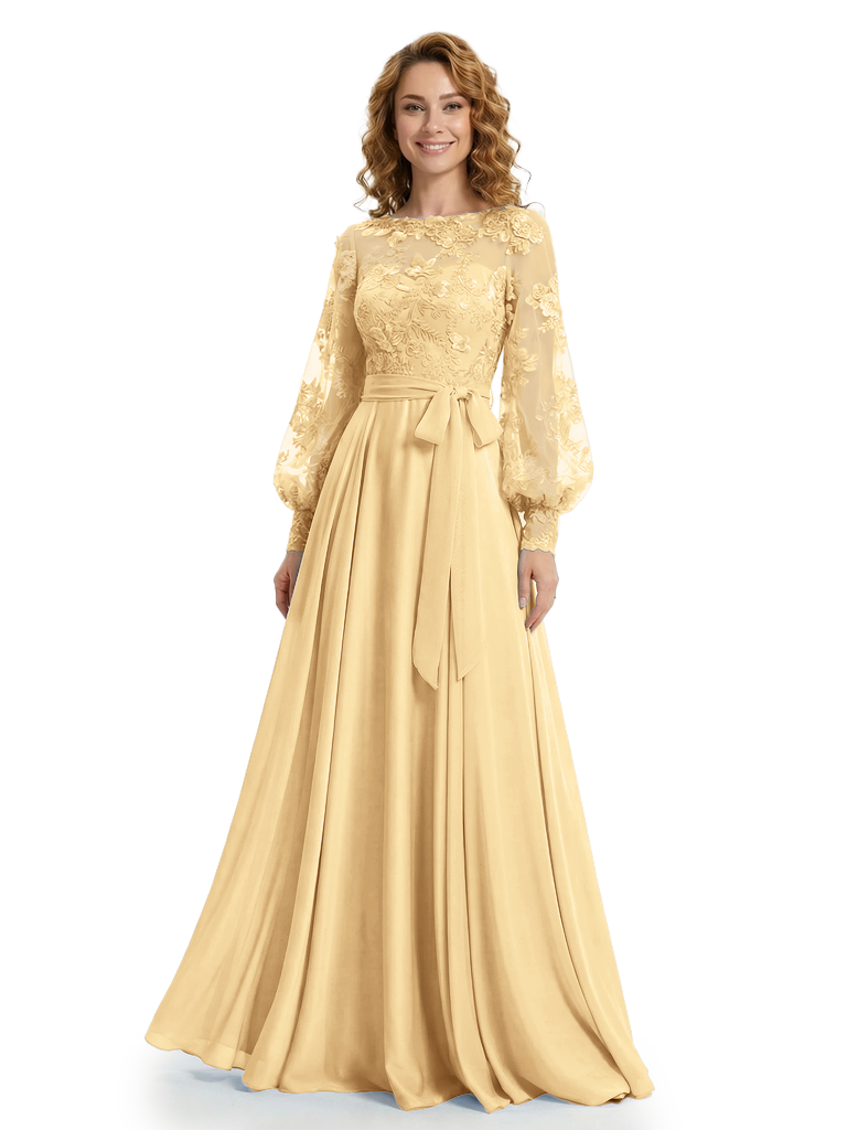 Beautiful Illusion Lace Applique Mother Of The Bride Gown A-Line Long Sleeves Chiffon Maxi Dress
