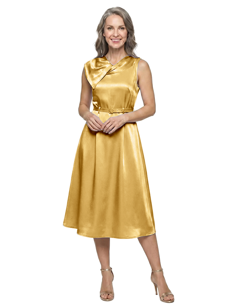 ChicSew Asymmetric Cowl Neck Sleeveless Soft Satin Tea-Length A-Line Mother Of The Bride Dress With Belt