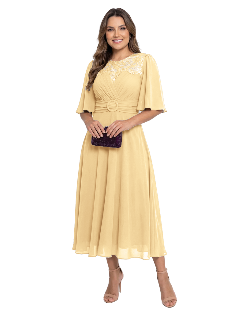 Classy Lace Flutter Sleeve Mother of The Groom Dress Chiffon Tea-Length Gown with Belt
