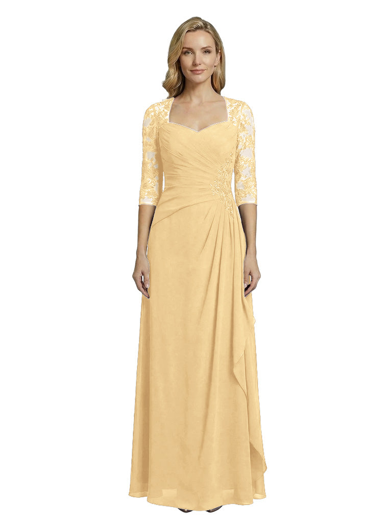 Elegant A-Line V-Neck Lace Long Sleeves Mother Of The Bride Dress Chiffon Gown