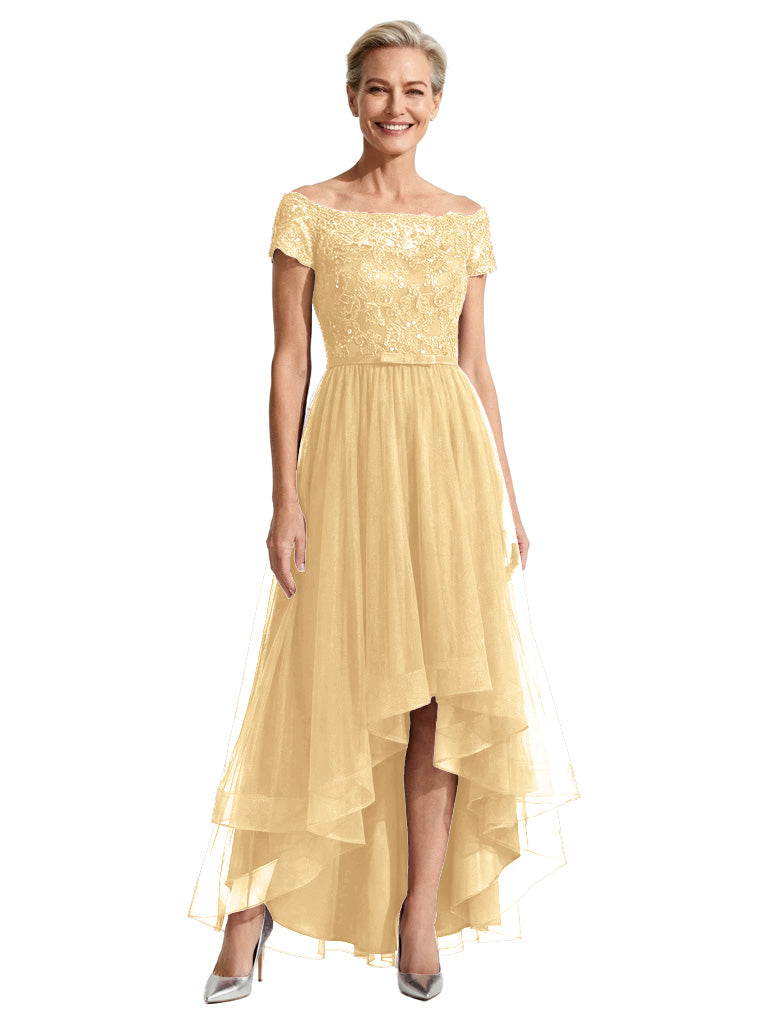 Beautiful Off Shoulder Lace Mother of The Bride Dress High-Low Tulle Gown for Wedding