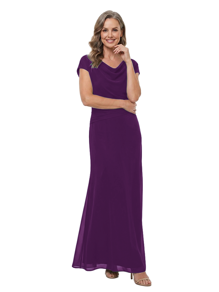 ChicSew Cowl Neck Short Sleeve Chiffon Floor Length Sheath Mother of the Bride Dress