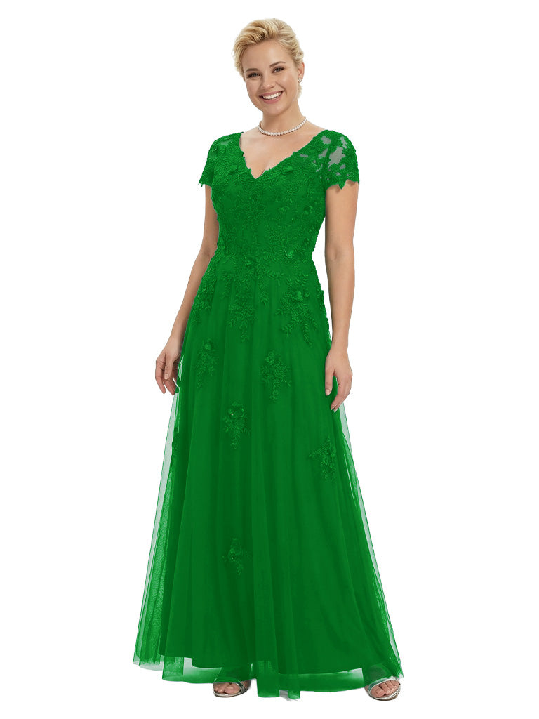 V-Neck Mother Of The Bride Dress Short Lace Sleeves Maxi Gown Formal Wedding Attire