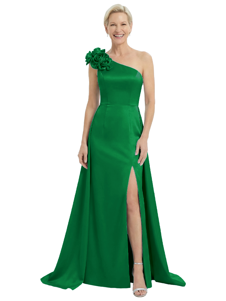 Sexy One Shoulder Side Slit Mermaid Satin Mother of the Groom Evening Dress