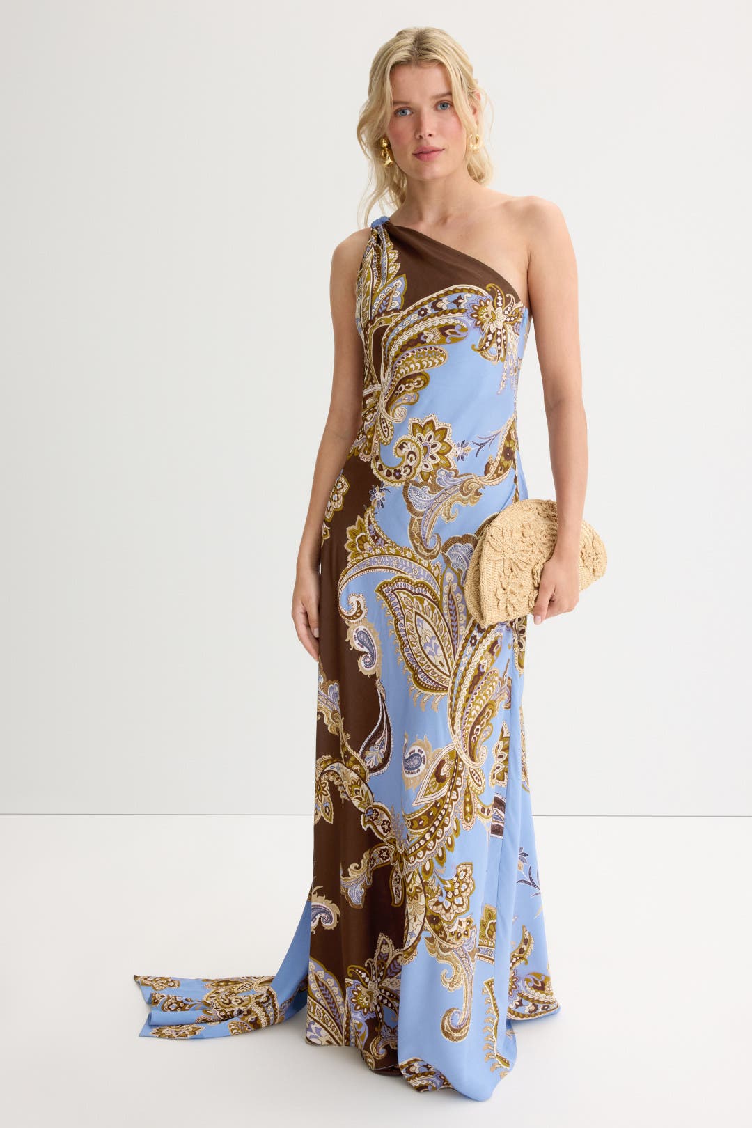 Hemant & Nandita One Shoulder Long Dress Blue-brown-print