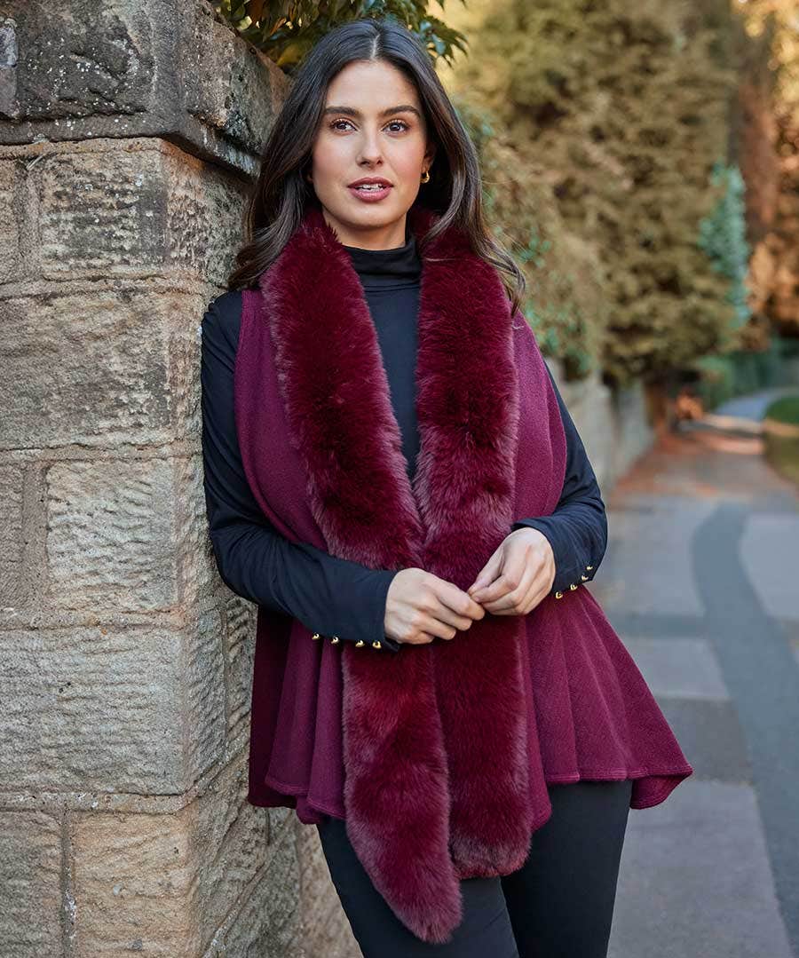 Women's Fair Lady Faux Fur Trim Gilet - Red - by Joe Browns