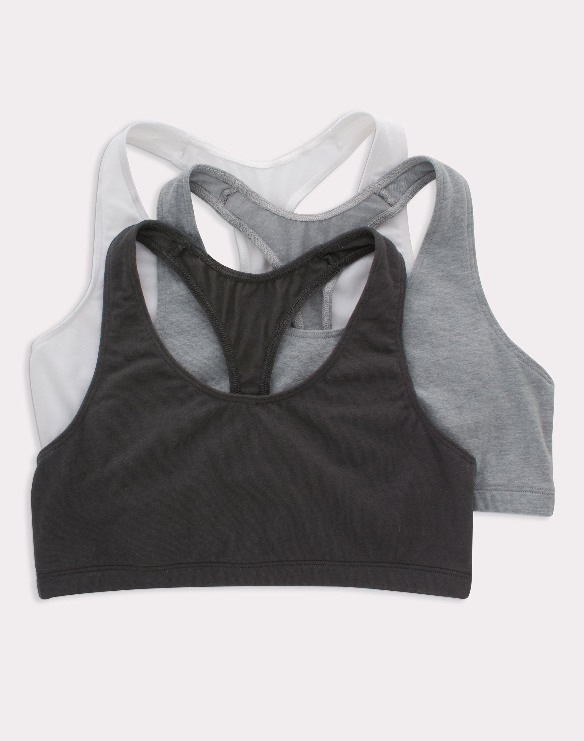Hanes Women's Cotton Racerback Sports Bralette, Low Impact, -Pack WhiteConcrete Pe HeatherBlack