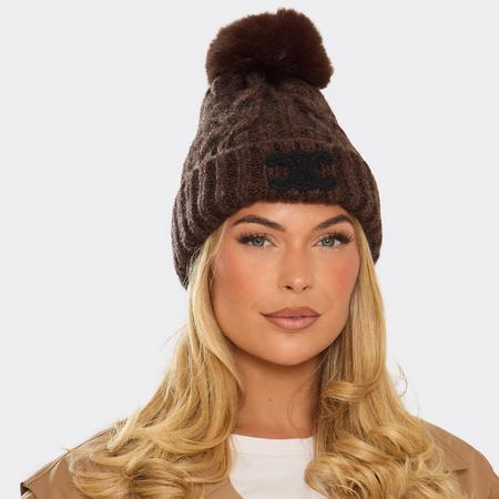 Logo Detail Pom Pom Beanie Hat In Brown Cable Knit, Women's Size