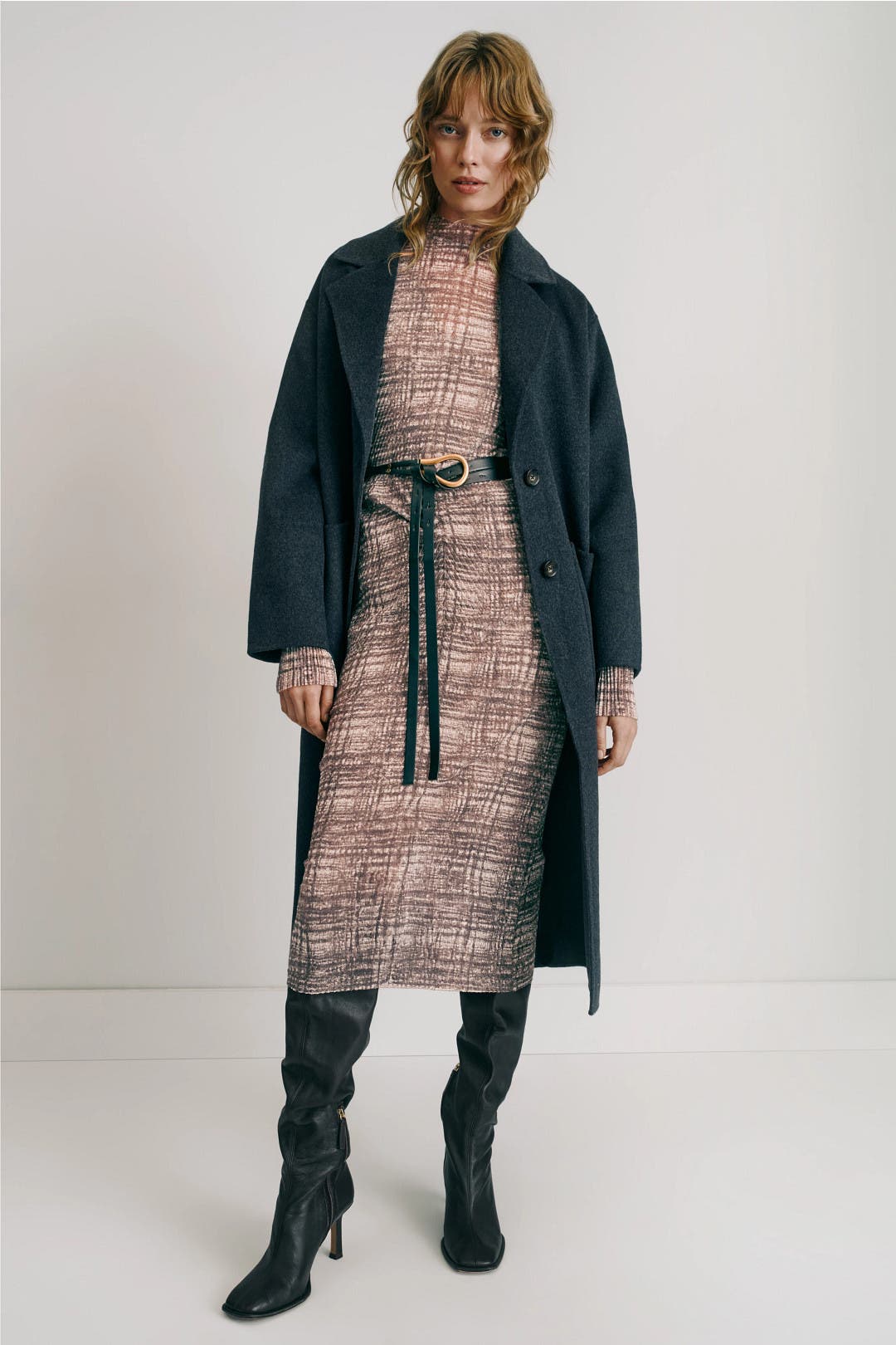 Boss Eviba Plaid Mesh Midi Dress Brown-grey-print