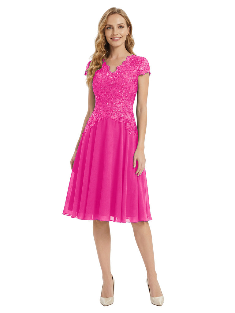 Beautiful V-Neck Short Sleeves Mother Of The Bride Dress Lace Applique Chiffon A-Line Midi Gown