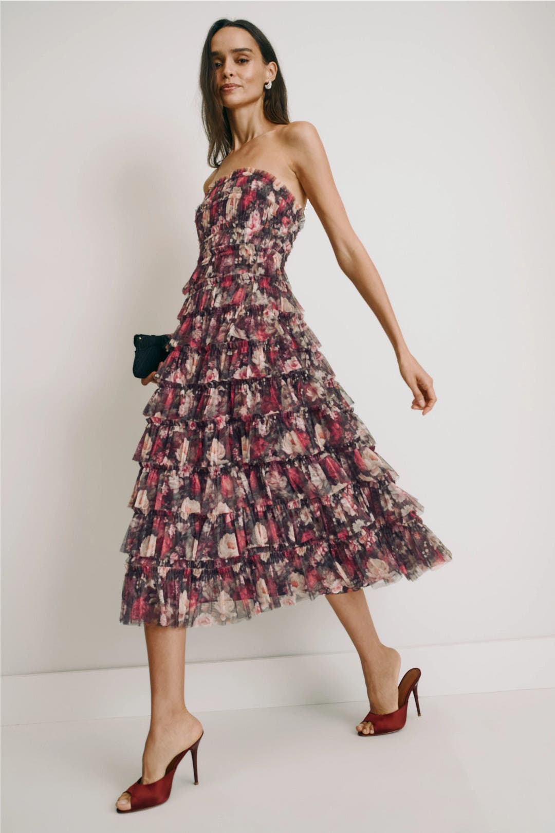 Ieena for Mac Duggal Floral Mesh Ruffle Dress Multicolored-print