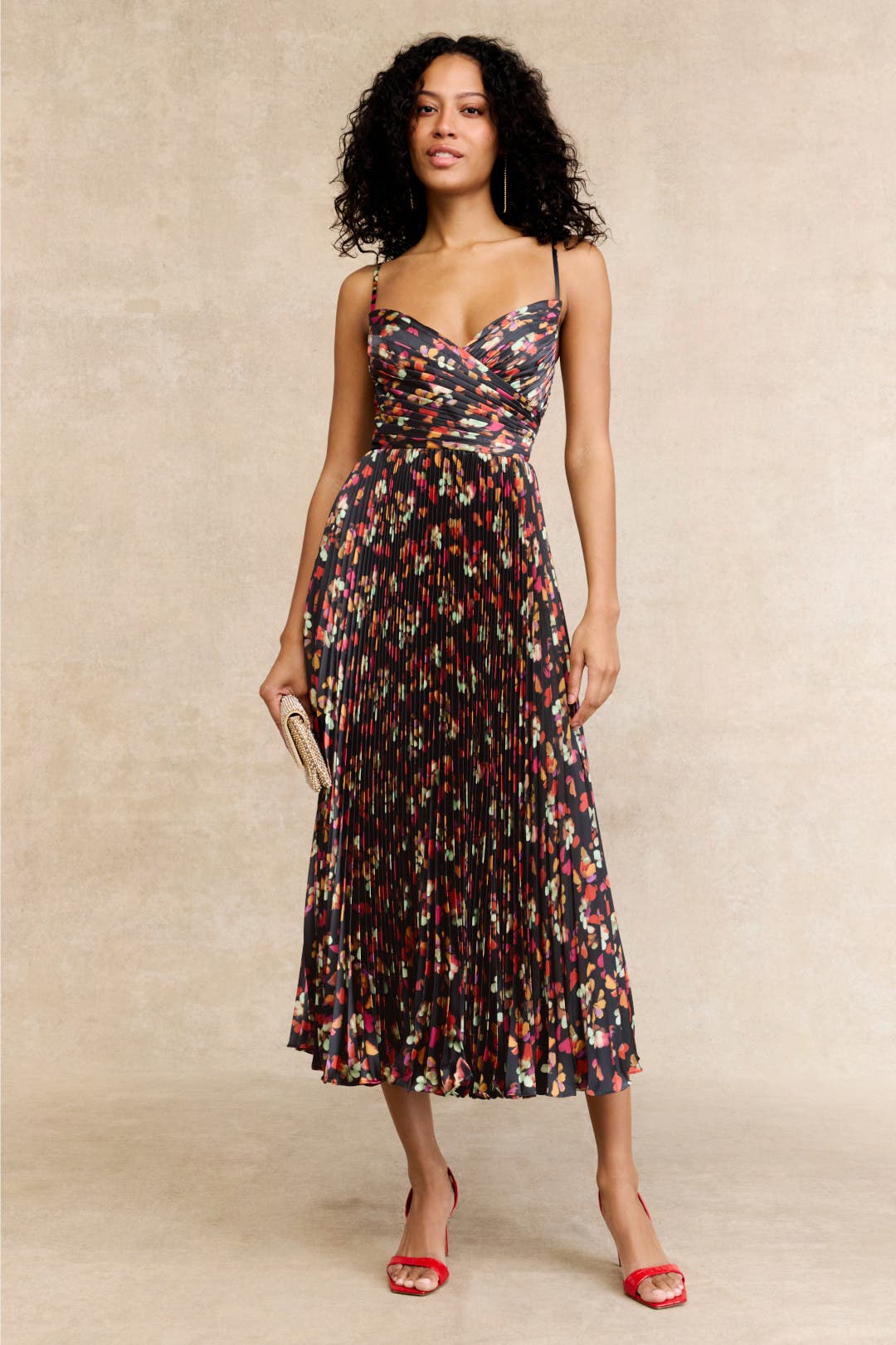 Ieena for Mac Duggal Pleated Printed Charmeuse Asymmetrical Midi Dress Multicolored-black-print