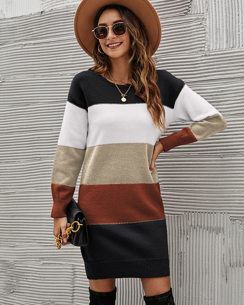 Zeagoo Women's Color Block Round Neck Knitted Dress - Black