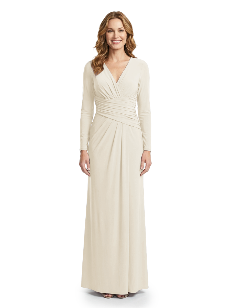 Mother of The Bride Dress Long Sleeve V-Neck Ruched Maxi Pretty Timeless Formal Wedding Guest Gown