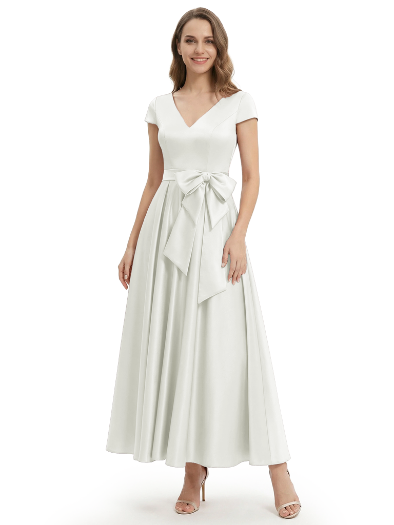 Pretty Short Sleeve A-Line Short Mother Of The Groom Dress Satin V-Neck With Bow Knot