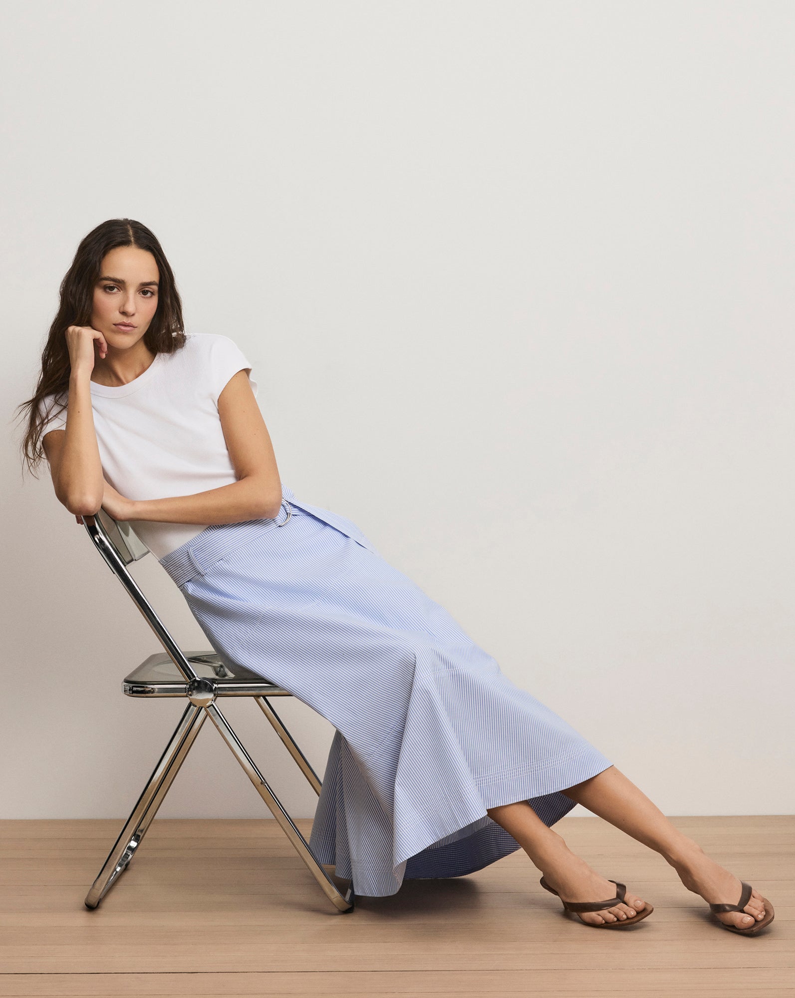 Veronica Beard Belmar Mixed-Media Midi Dress Blue White Stripe