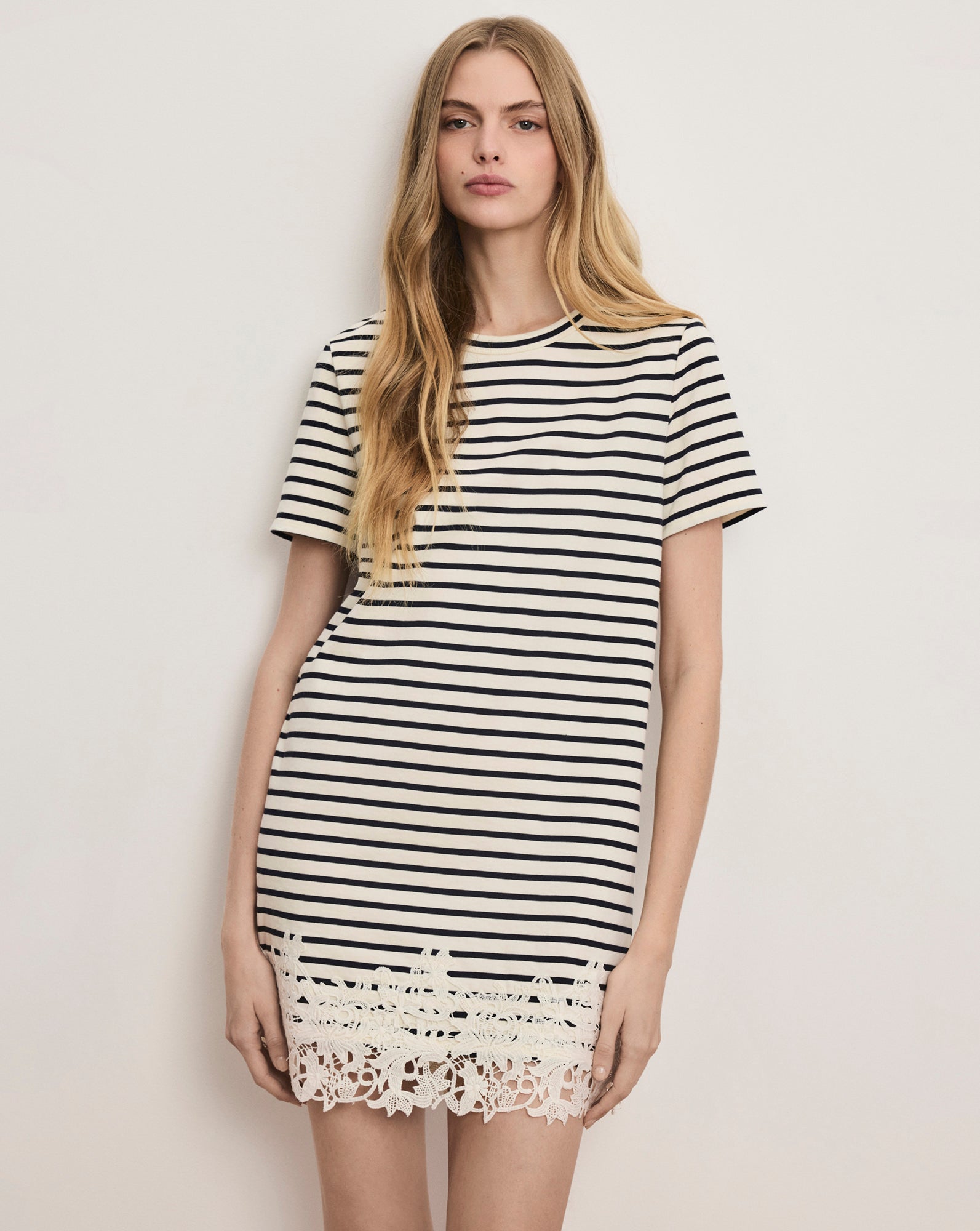 Veronica Beard Rhue Striped Lace-Hem Mini Dress Dove White Navy Stripe