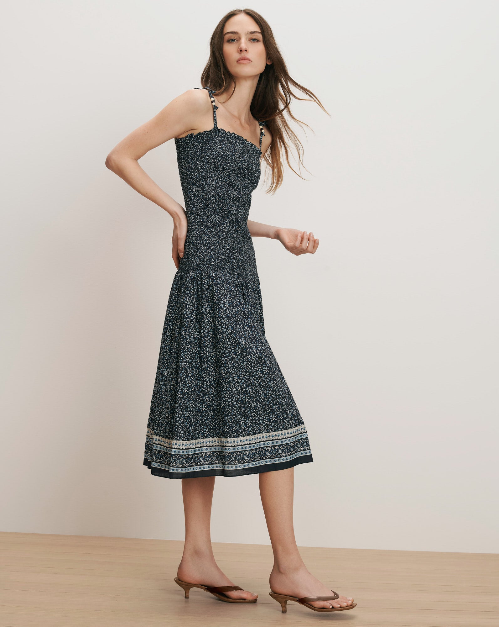 Veronica Beard Marietta Shirred Midi Dress Navy Multi