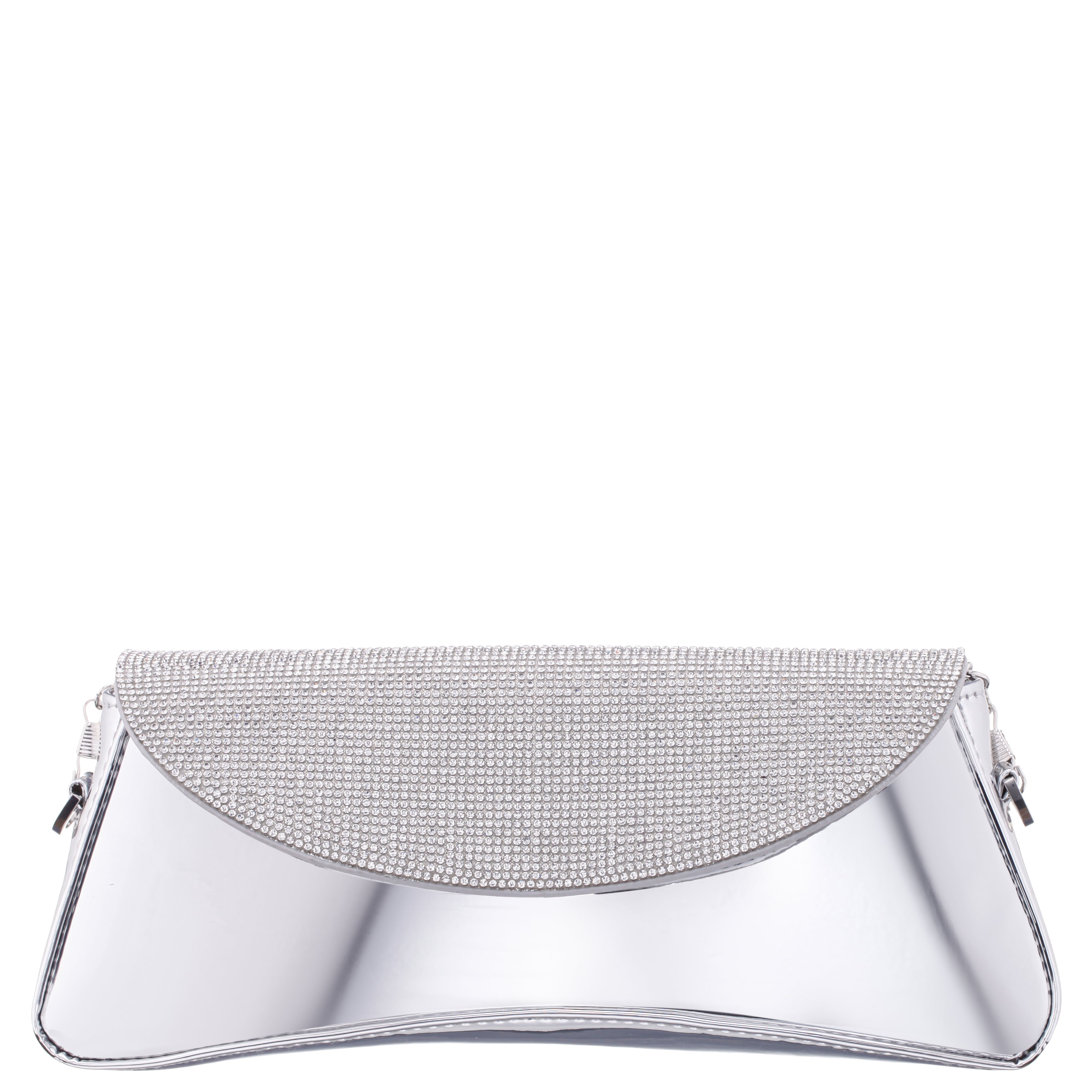 Womens Joselyn Silver Crystal Flap Mirror Metallic Patent Clutch Bag