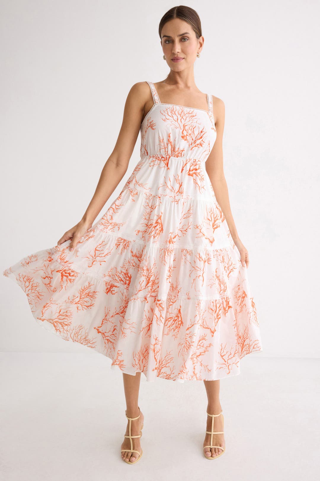 Jason Wu x RTR Printed Tiered Midi Dress Cream-orange-print