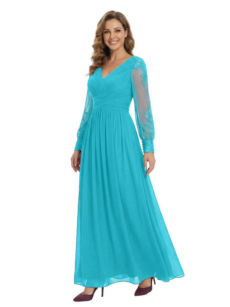 Classy V-Neck Long Sleeves A-Line Lace Appliques Chiffon Mother Of The Bride Dress