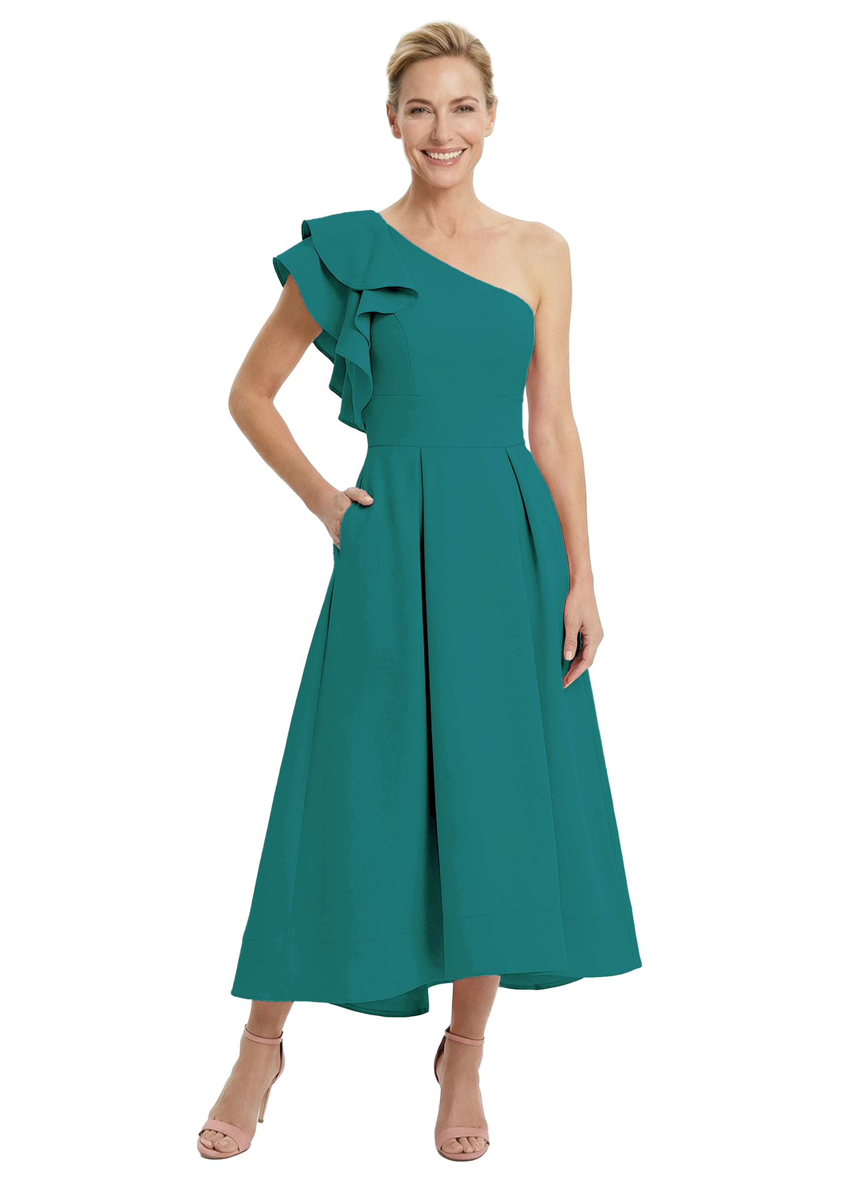 Chicsew Crepe Mother of The Groom Dress One Shoulder Ruffled A-Line Midi Gown Stylish Modern Fit