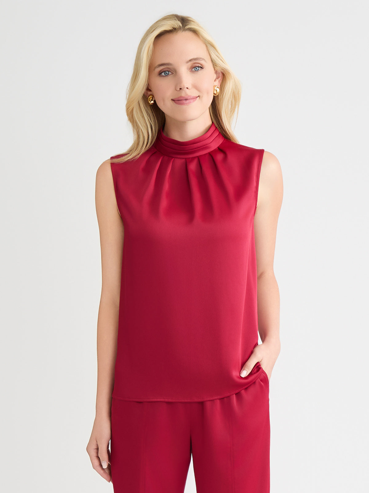Mock Neck Crepe de Chine Blouse, Scarlet Red